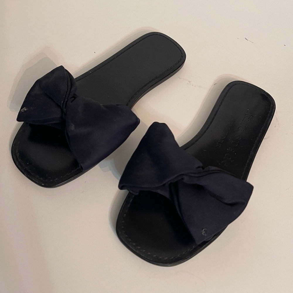 Kate Spade Bikini Bow Black Sandals Logo Flat Slides Shoes Women's 5B